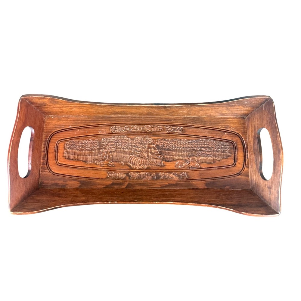 VTG Long Wood Engraved Bread Tray "Give us this‎ day our daily bread" 19" x 8"